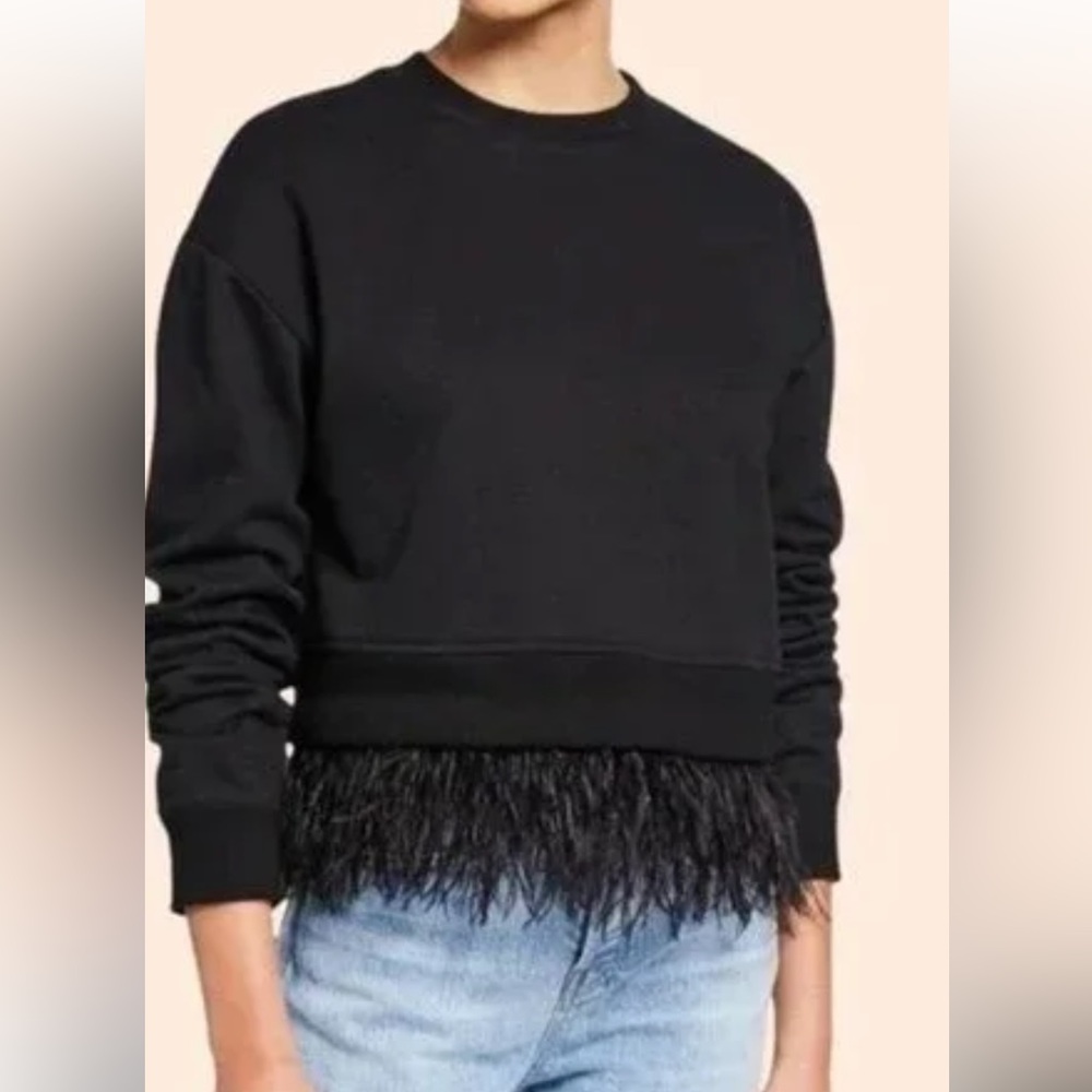 DEREK LAM BLACK SHORT SWEATSHIRT WITH FEATHERS NWOT